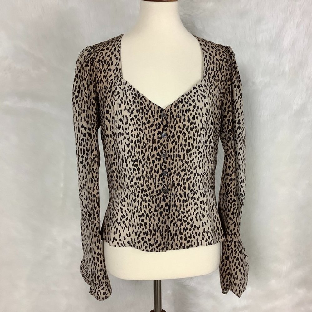Frame Long Sleeve Sweetheart Neck Silk Animal Leopard Print Blouse M